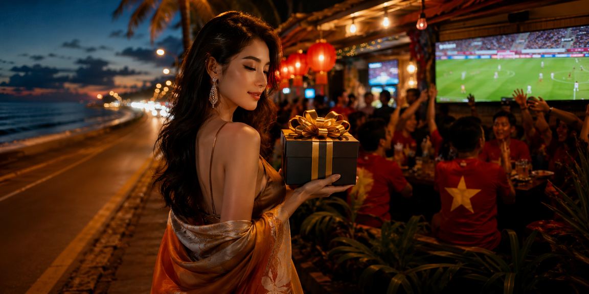 Người dùng tại Mũi Né thư giãn và đọc phân tích thể thao trên bãi biển buổi chiều